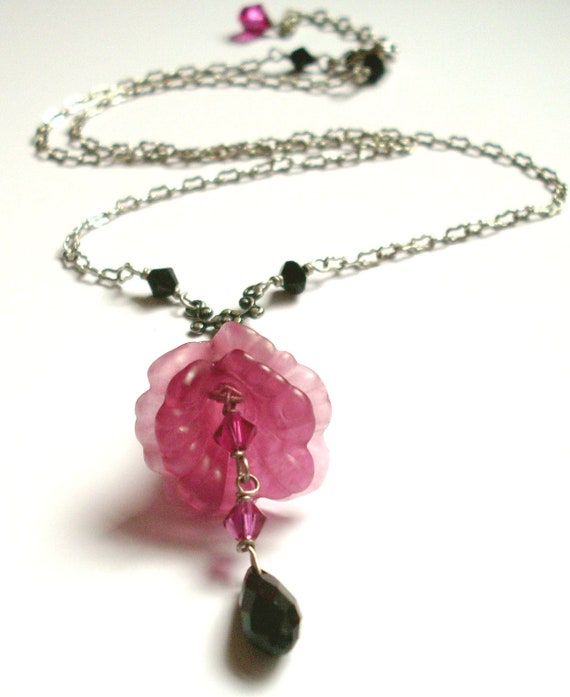 Pink Lucite Flower Necklace Pink Burgundy Layered Flower