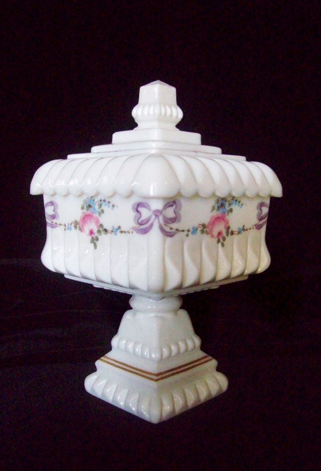 Fenton candy dish lidded hand painted pink roses