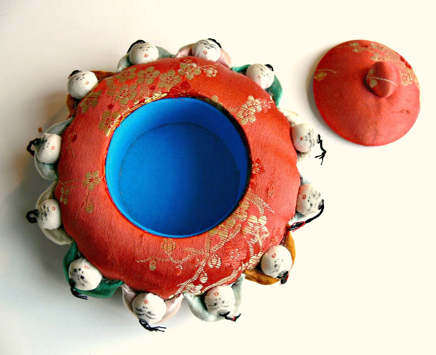 Vintage Pin Cushion Box Chinese Red Silk