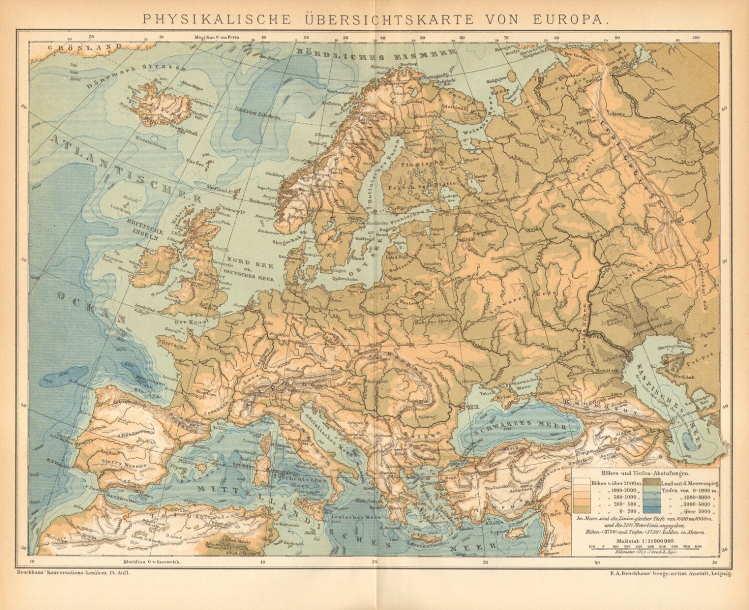 1895 Original Antique Relief Map of Europe