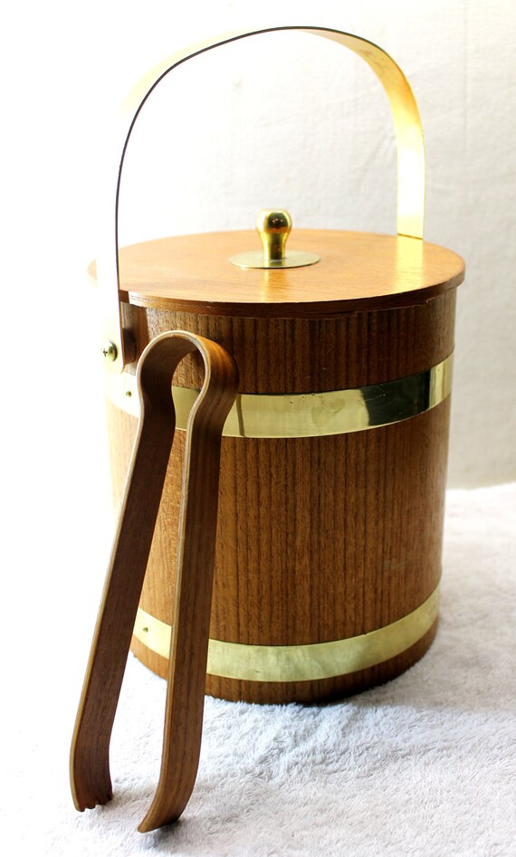 Vintage Wooden Ice Bucket with Brass Accents and Matching Ice