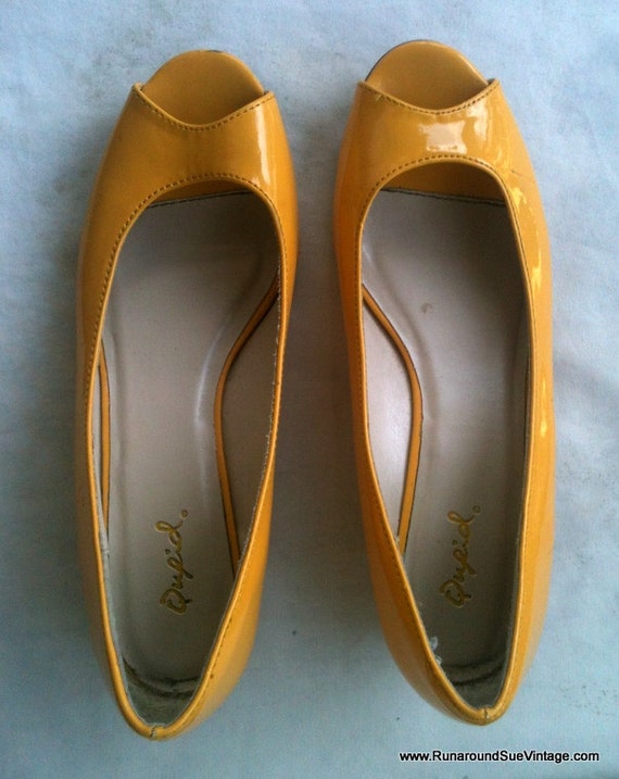 Vintage Yellow Shoes : Canary Yellow Peep Toe Patent Leather