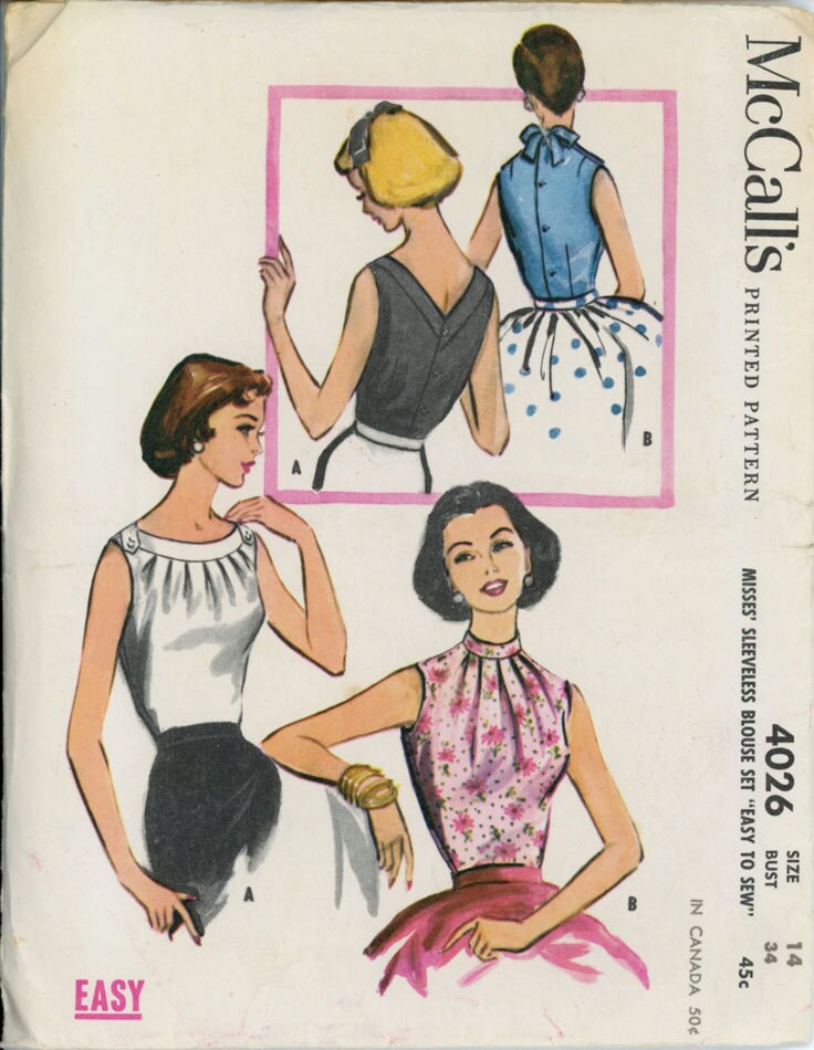 McCalls 4026 Misses 1950s Blouse Pattern Sleeveless Fitted