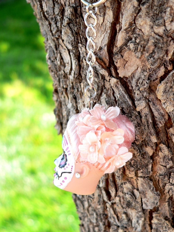 Day of the Dead Doll Head Keychain Diamonds are a