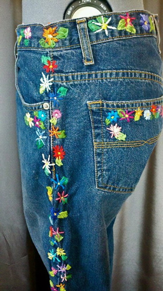 Items similar to Hand-Embroidered Jeans, Size 5-6Long- Fit style ...