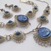 vintage jewelry sapphire blue pendant necklace bracelet earrings set, wire wrapped parure victorian style, screw on earrings, wedding bridal