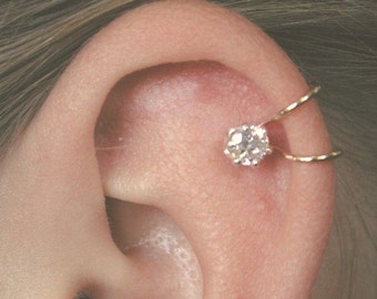 CZ Ear Cuff with 4mm Cubic Zirconia - Sterling Silver or 14K Gold filled - SINGLE Side