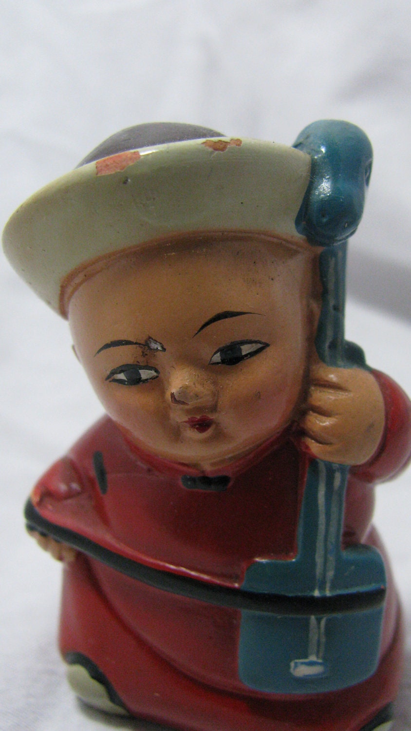 Vintage Wooden Chinese Man Pencil Sharpener Holder