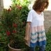 SALE,WAS 45.00,Tulip White Cotton T, Vintage Skirting,Blue Tulip Garden,Upcycled,Eco Friendly, OOAK