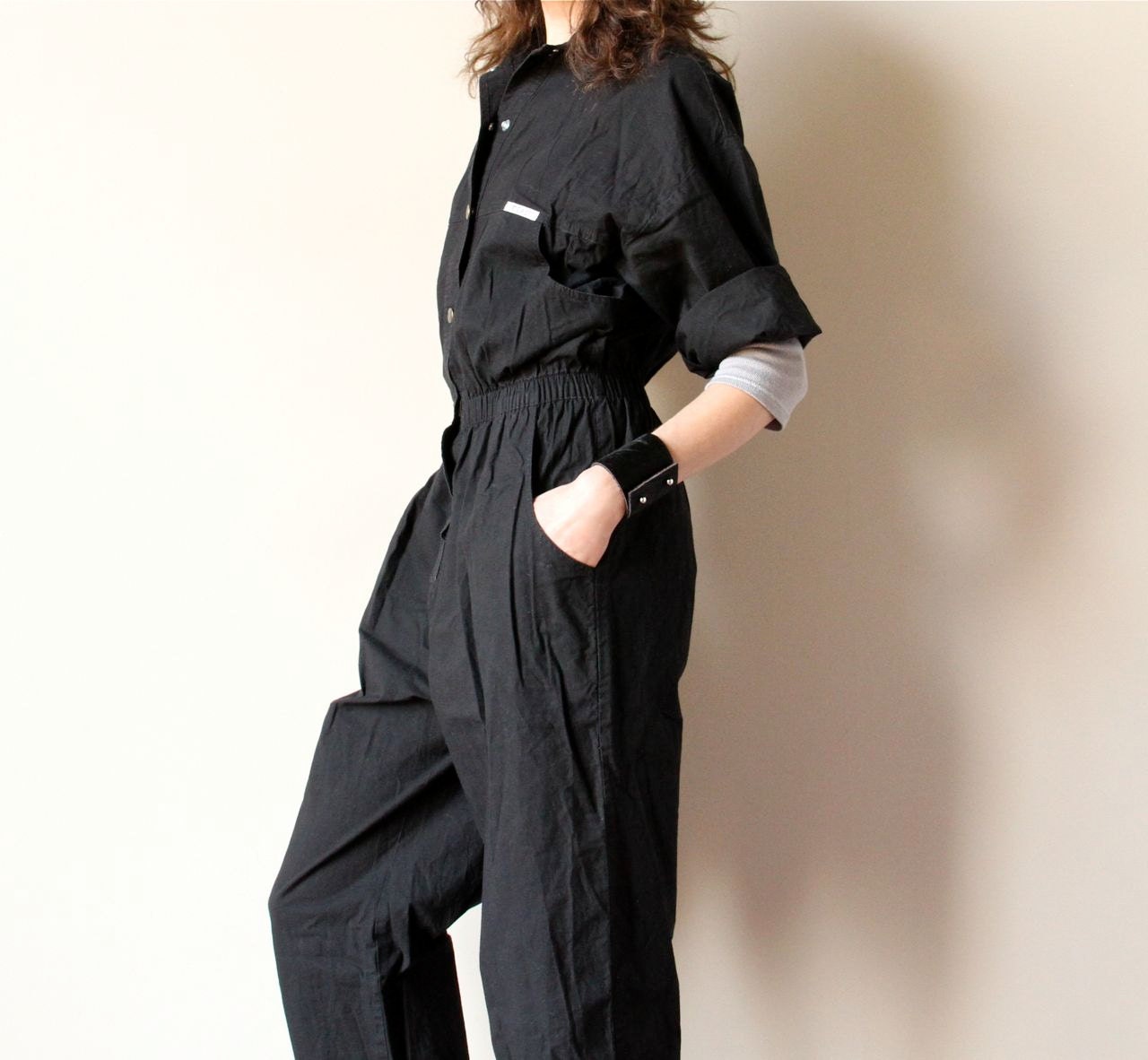 Black Cotton 80s Jumpsuit vintage minimalist elastic waist