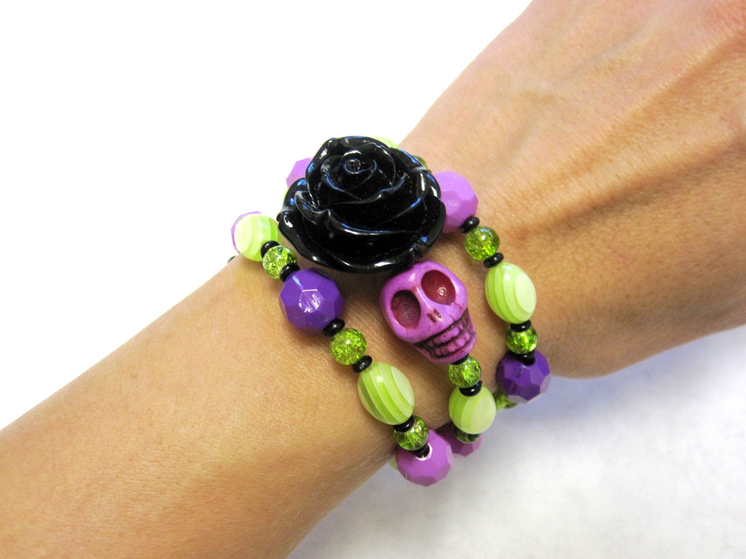 Day Of The Dead Bracelet Sugar Skull Jewelry Rose Cuff Purple