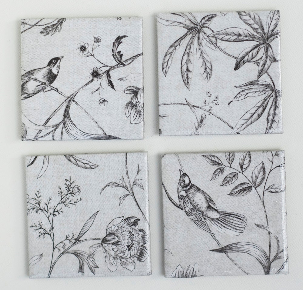 Ceramic Coasters Grey Coasters Vintage Birds Charcoal Grey
