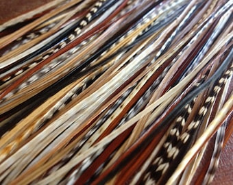 XL 12-13" Feather Hair Extensions Natural Hippie Brown Ginger Grizzly Extra LONG Feather Extensions 1 Bonded Bundle of 6 Real Hair Feathers