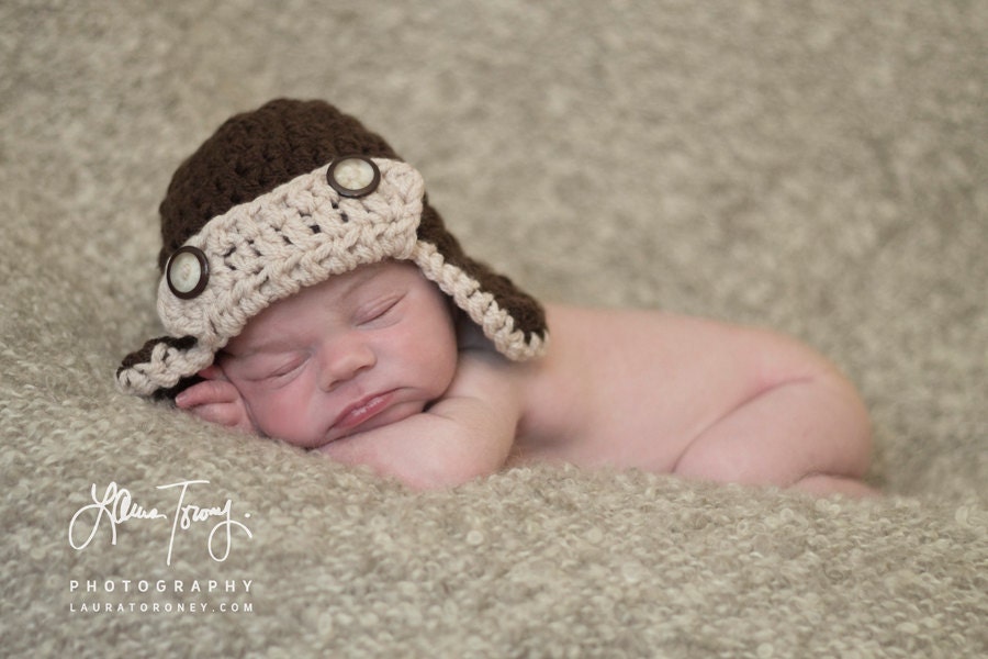 Crochet Baby Boy Hat Aviator Hat Chocolate and Oatmeal by effybags