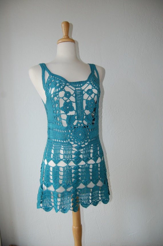 Crochet Tunic Dress in teal cotton size M/L