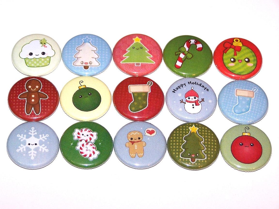 Christmas Holiday Set of 15 Buttons 1 Inch Pin Back Buttons