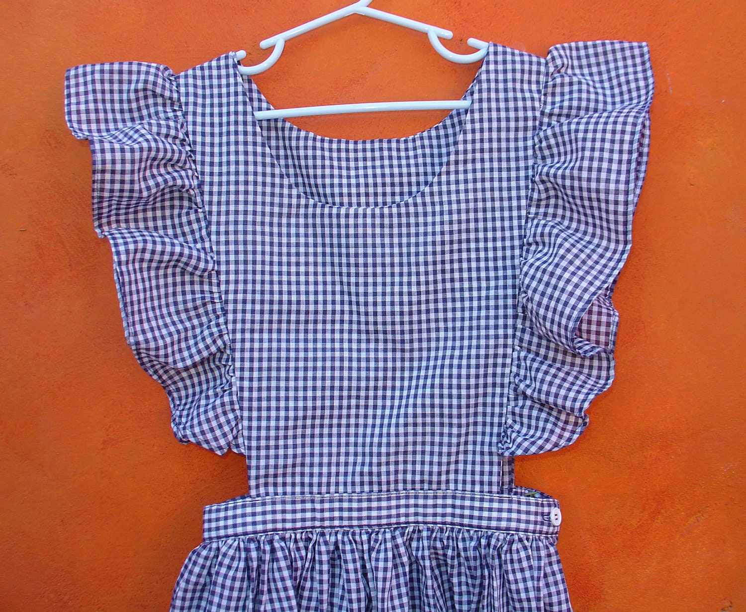 Vintage Girls 50s Blue and White Gingham Pinafore Dress. Size