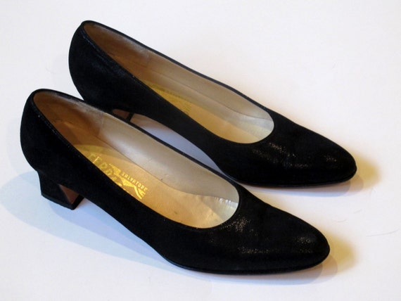 50s Black Ferragamo Heels / Black Vintage Shoes / Made in