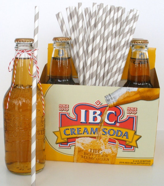 25 Extra Long Grey Stripe Paper Straws 10.5 by DimeStoreBuddy