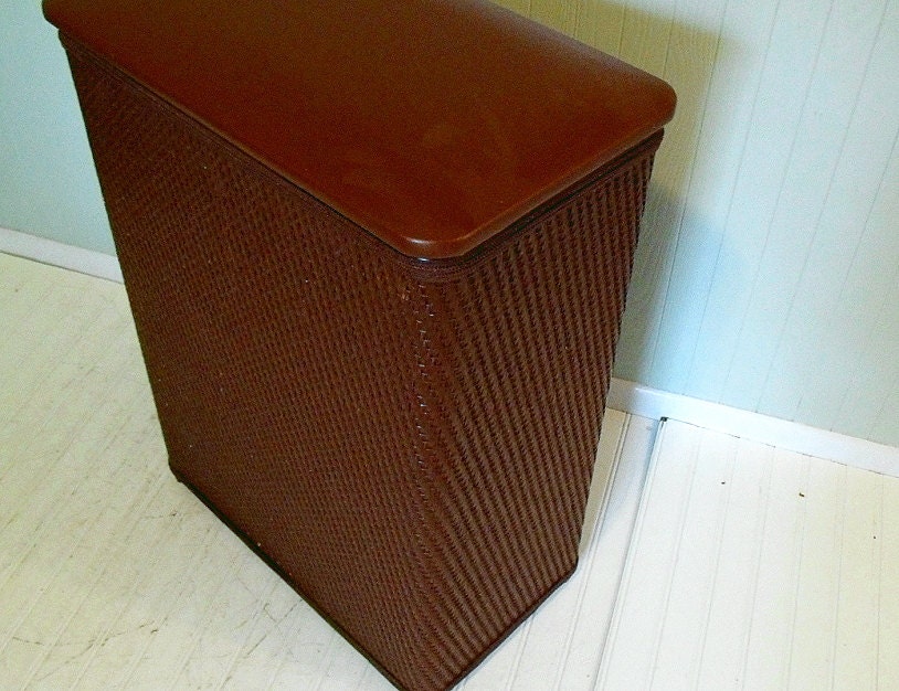 Vintage Large Brown Wicker & Wood Clothes Hamper Original