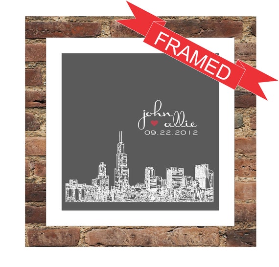 Personalized Wedding Skyline FRAMED ART Gift Print- Chicago, IL or Any ...