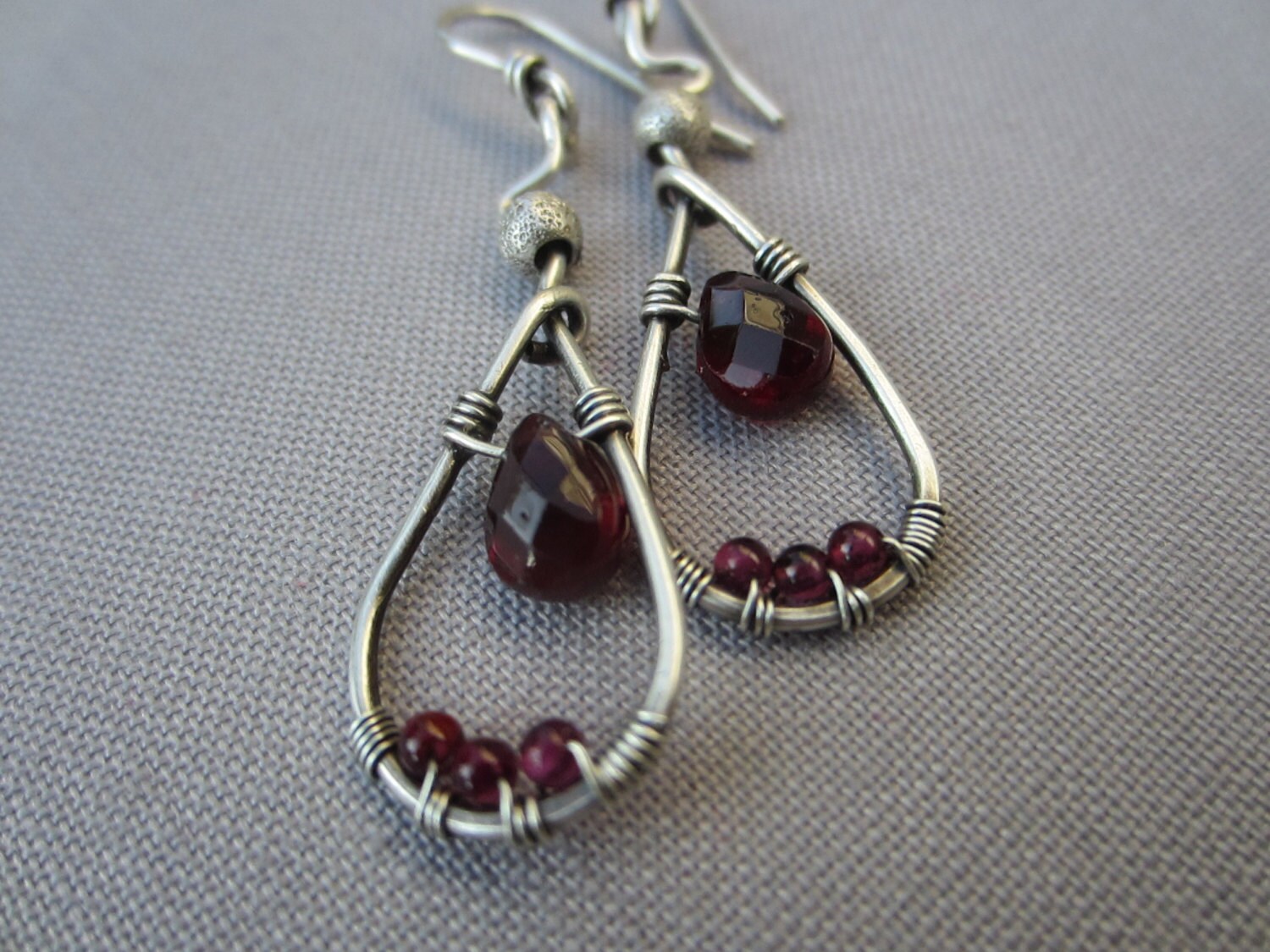 Silver Wire Wrapped Earrings with Garnet Drops/ Artisan