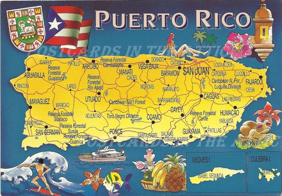 Vintage Postcard Map of Puerto Rico Souvenir 1980's