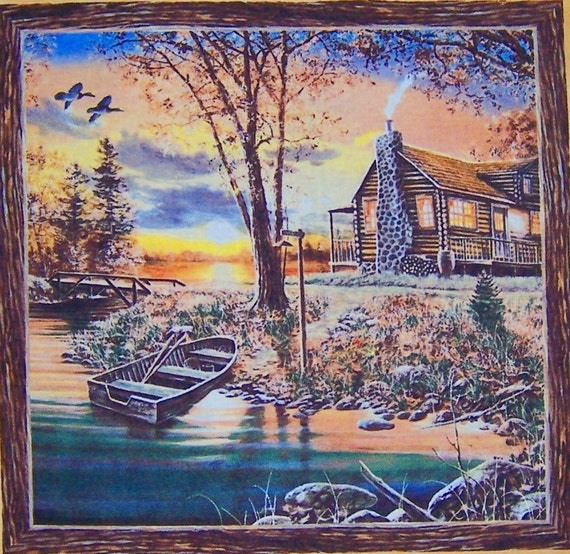 Cabin at the Lake Sunset Lake Fabric by OutWestCreations4U