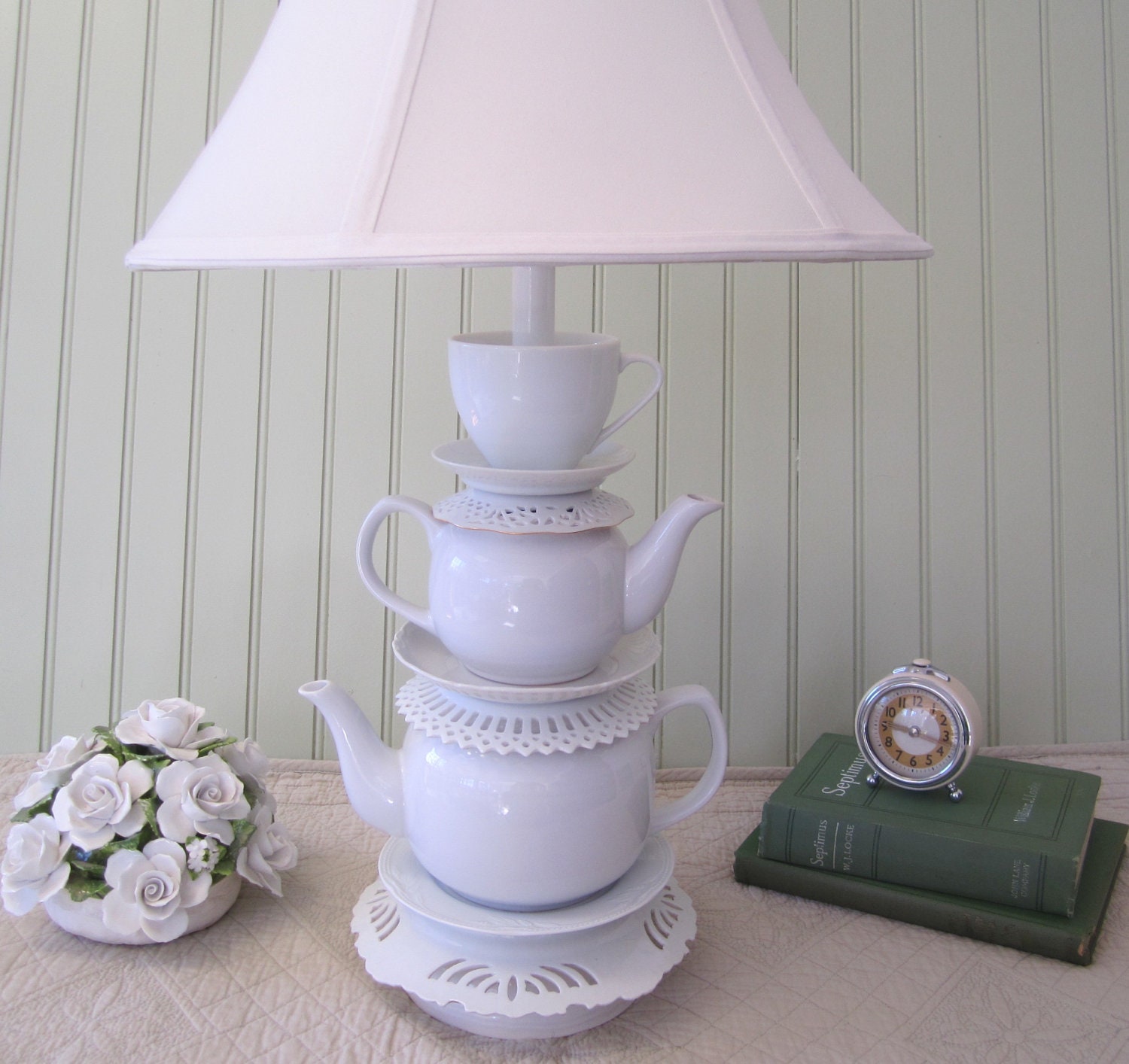 Teapot Lamp White Stacked Teapots Tea Cup and by ThistleandJug
