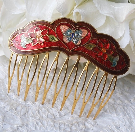 Vintage Hair Comb Cloisonne Enamel Ornate Floral Design