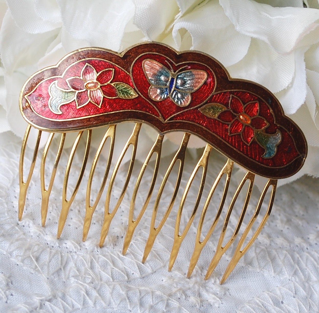Vintage Hair Comb Cloisonne Enamel Ornate Floral Design