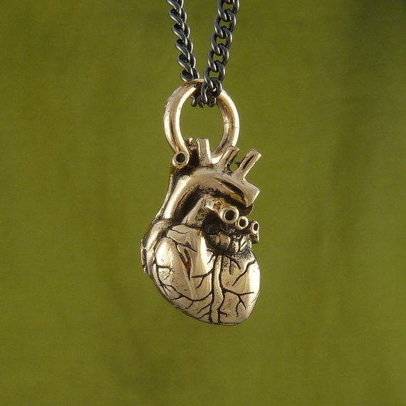 Anatomical Human Heart Necklace Small Size Bronze
