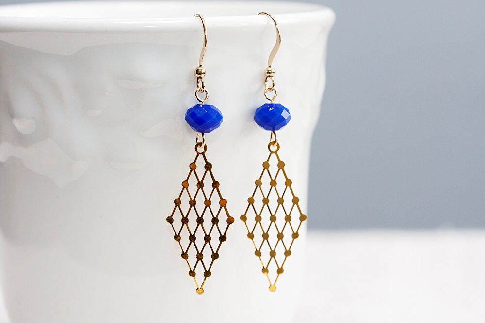 Blue Beads Rhombus Earrings Geometric Earrings Gold Filigree
