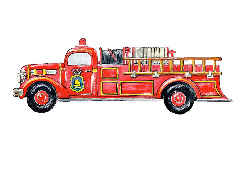 Vintage Fire Truck vehicle watercolor print 8x10
