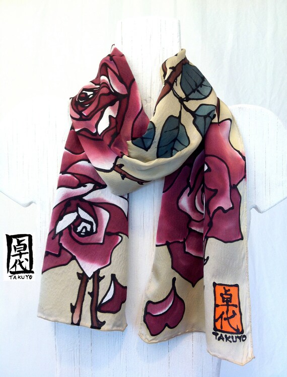 Hand painted silk scarf. Burgundy Red Roses Scarf. Silk