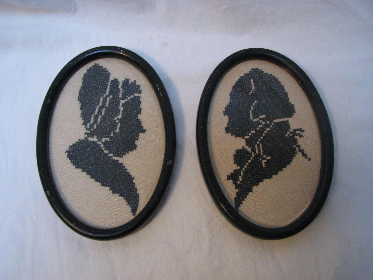 Pair of Antique Cross Stitch Silhouettes On Linen George and