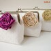 Custom bridesmaid gift, personalize your own wedding clutch purse - Set of 3 Lace Clutches with Fig Camel Antique Gold handmade Silk Roses
