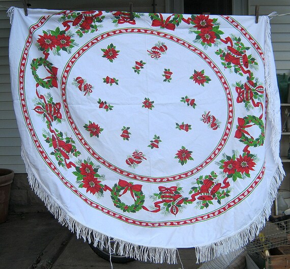 Vintage Christmas Tablecloth Round Retro Holiday Border Print