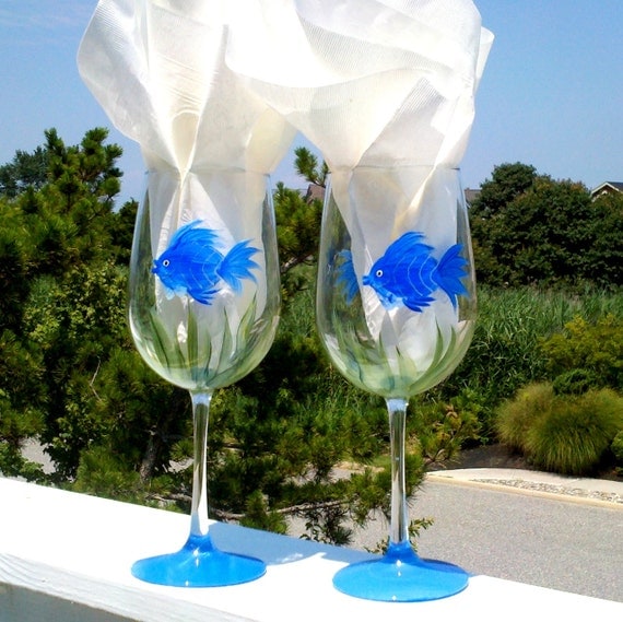 Blue Fish hand painted wine glasses. by GlassesbyJoAnne on Etsy