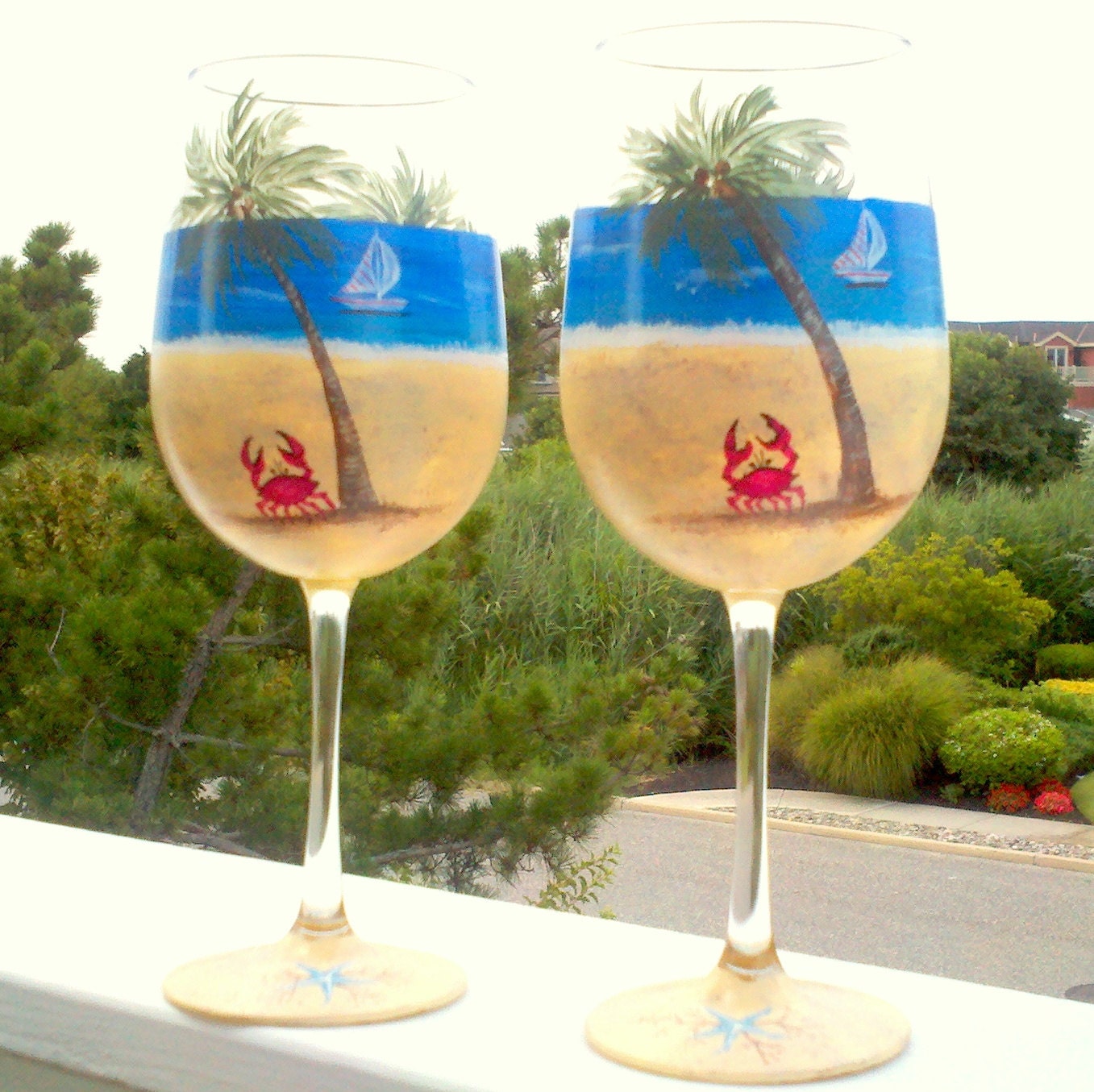 Beach scene hand painted wine glasses