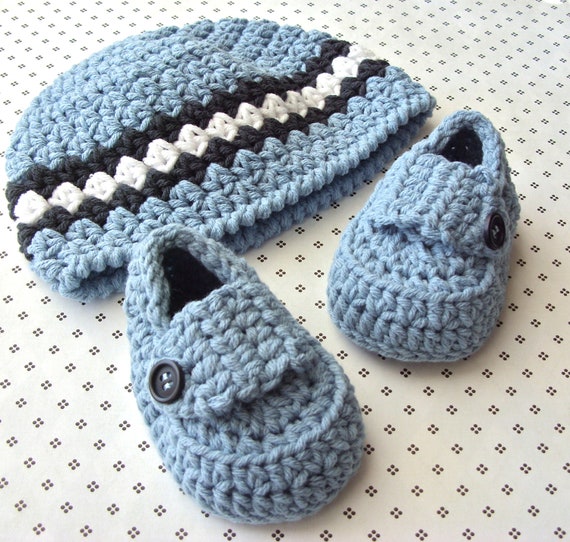 Baby Boy Set Loafer Booties Blue Beanie by LisaCorinneHandmade