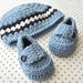 Baby Boy Set - Loafer Booties - Blue Beanie Striped Hat - Modern Crocheted Shower Set - Infant Cap 3 to 6 Months - Size 2 Shoes