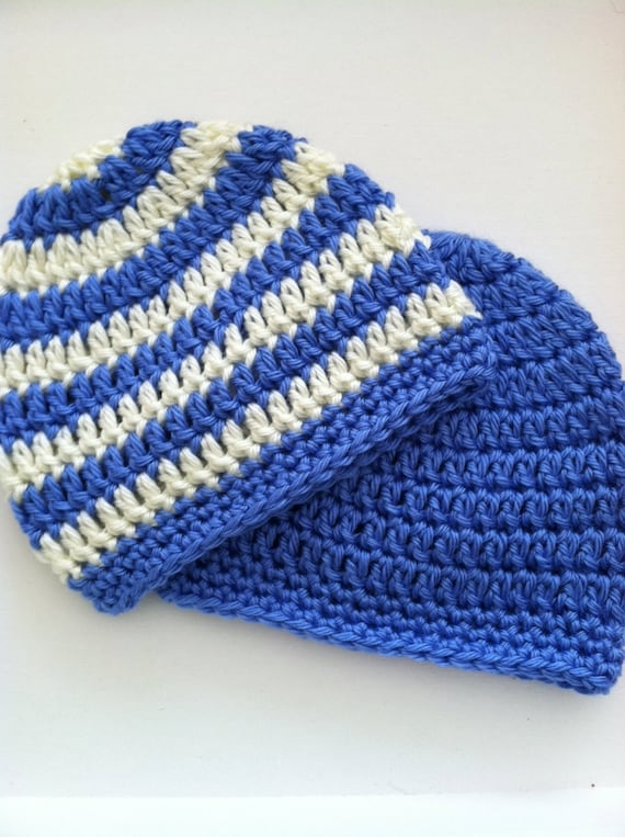 Medium Blue and Cream Prep Set, Crochet Baby Hats, Newborn Beanies, Blue Hat, Medium Blue and Cream Stripe Baby Hat, Crochet Baby Beanies