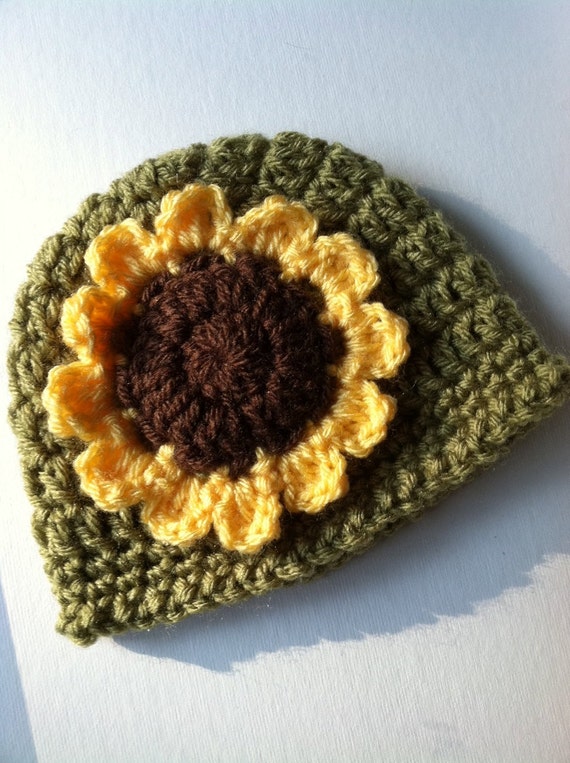 Sunflower Hat, Crochet Hat with Flower, Green Hat, Autumn Baby Hat, Newborn Hat, Little Girl Hat, Child Hat, Autumn Hat, Halloween