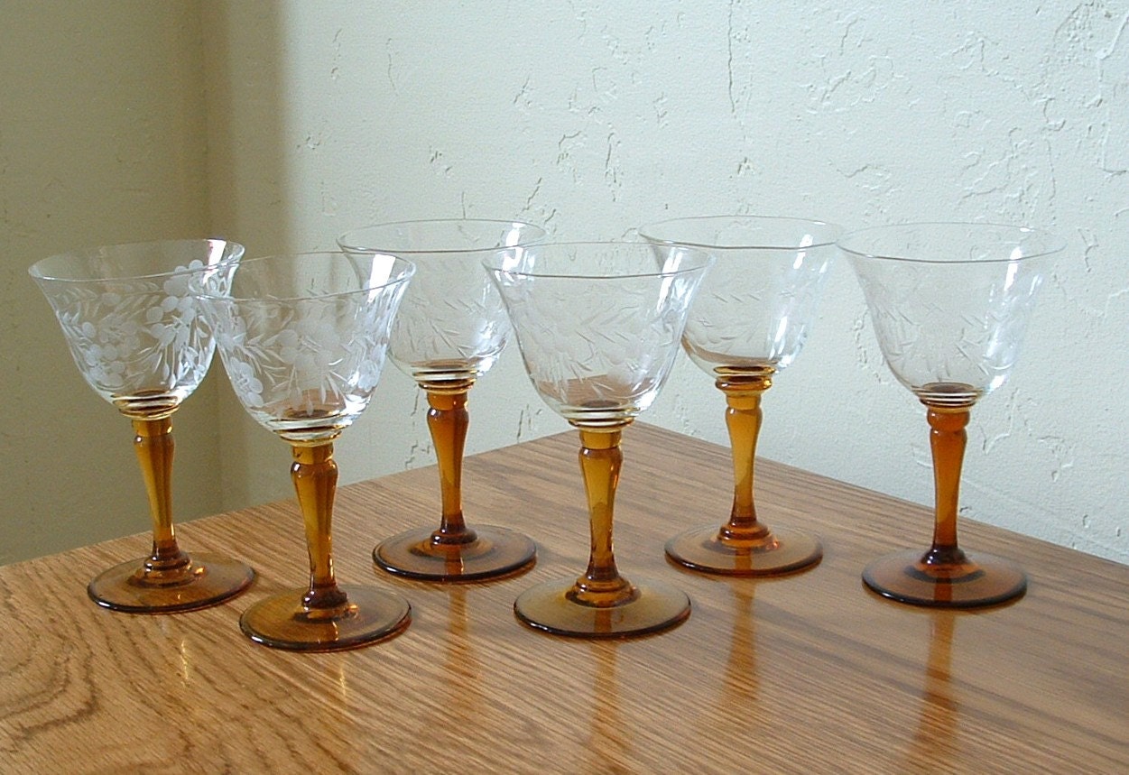 Vintage Cordial Glasses Amber Stem Depression Era Set Of 6