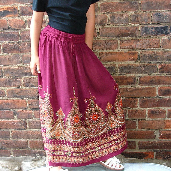 Girls Gypsy Skirt: Long Flowy Burgundy Indian Boho Bohemian