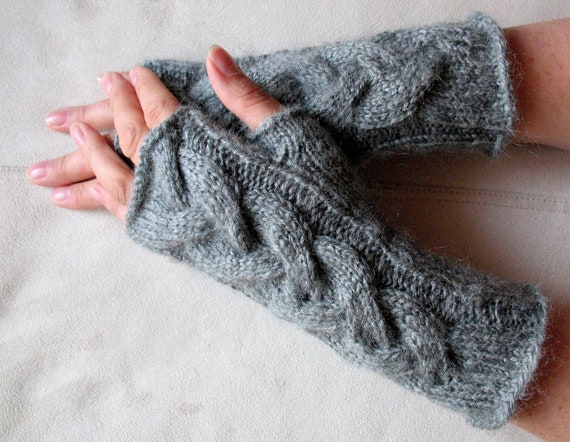 Fingerless Gloves Arm Warmers Gray Dove 9" Mittens Knit, Soft Acrylic Mohair