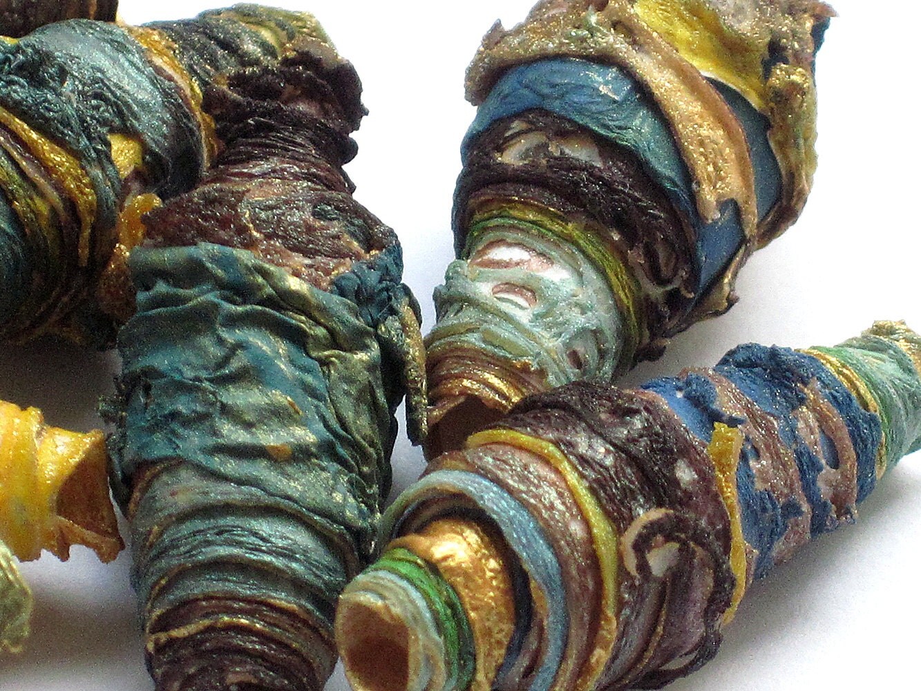 8 mixed media textile art fiber beads hand made with Tyvek