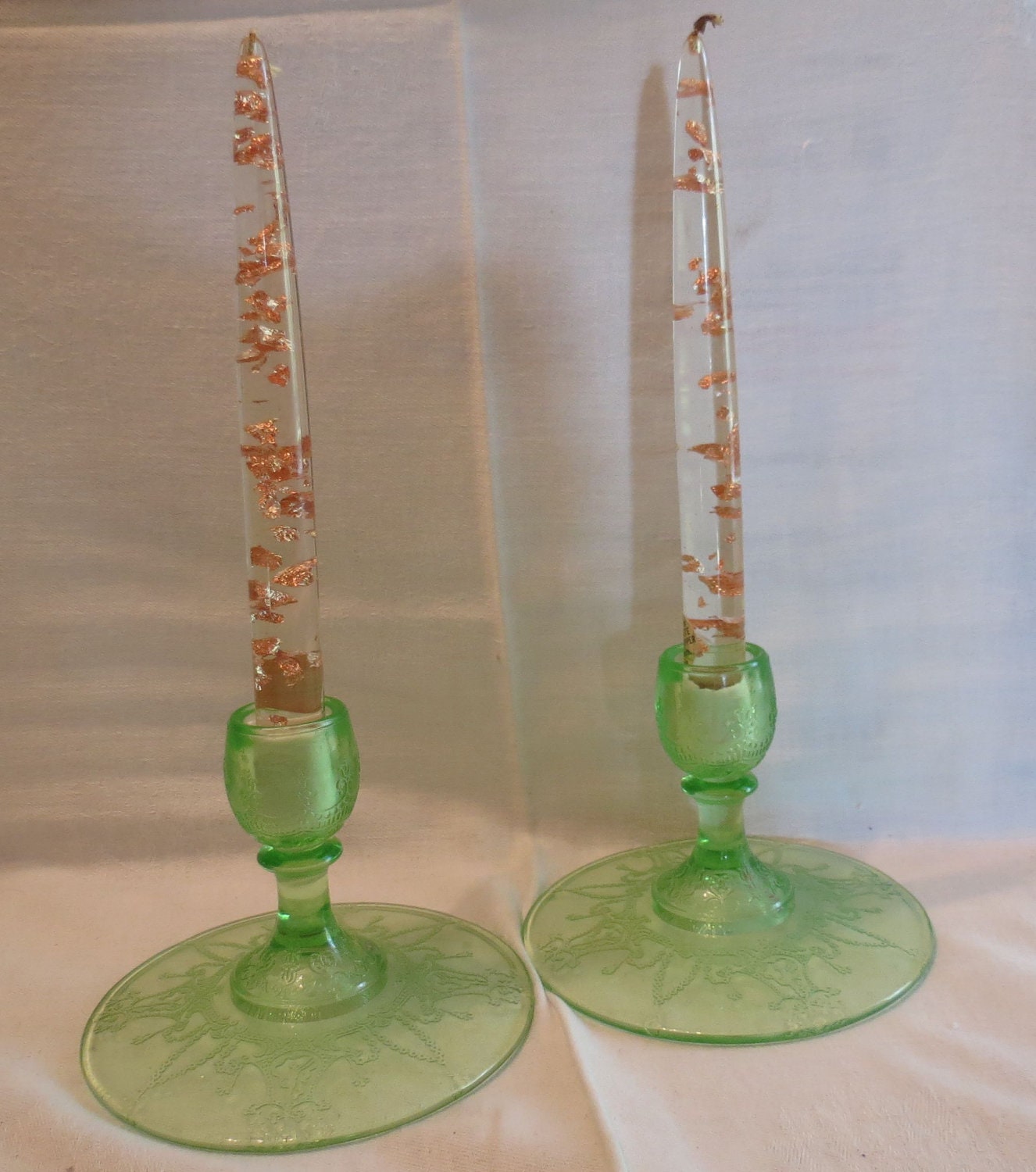 Sale Vintage Lucite Candles with Copper Leaf Suspended Within