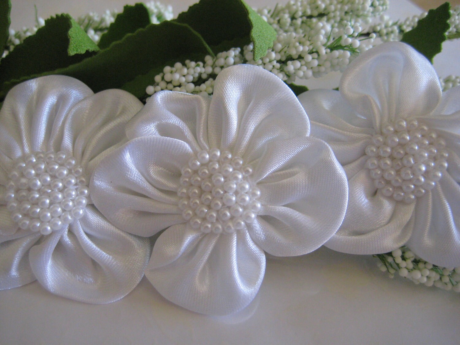 2.5 inches White Satin Flower Pearl Appliques for Wedding